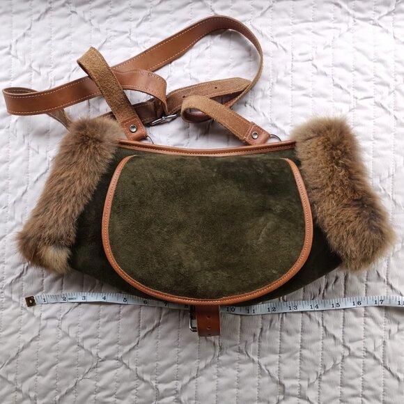 Vintage Green Suede Leather Shearling Fur Muff Adjustable Strap Purse w Pocket - Picture 11 of 13